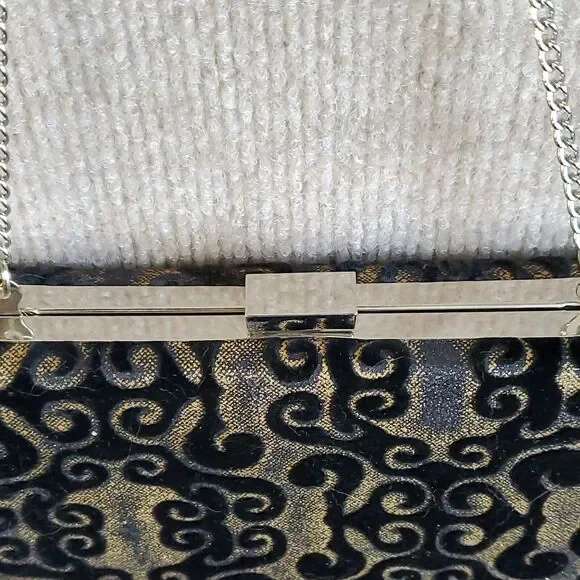 Evening Bag Clutch Purse Formal Black Velvet Baroque Metal Clasp Chain Strap - Picture 3 of 10